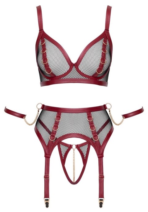 Cottelli Bondage Bra Set S - komplet z siateczki i matowej tkaniny, czarno-czerwony