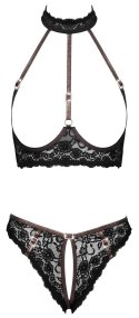 Cottelli LINGERIE Bra Set open S czarny koronkowy z ozdobnymi paskami