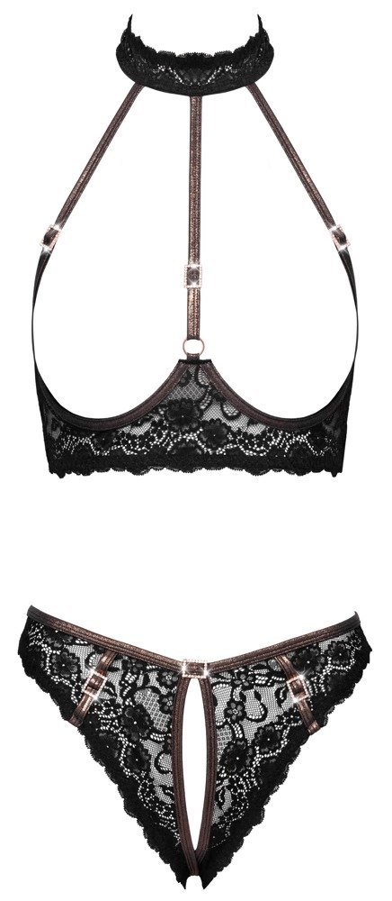 Cottelli LINGERIE Bra Set open S czarny koronkowy z ozdobnymi paskami
