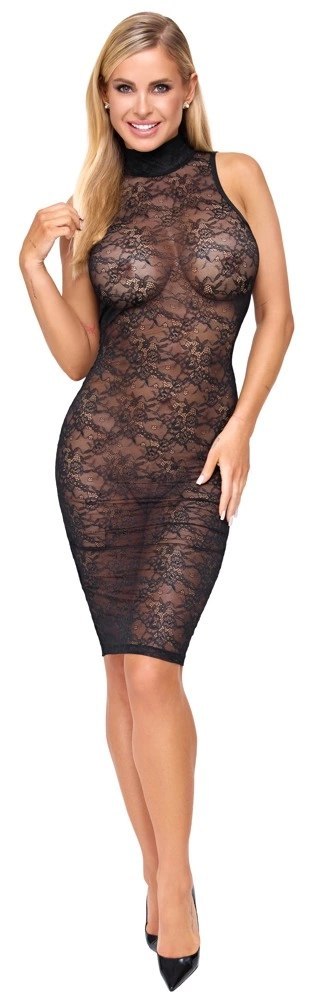 Cottelli LINGERIE Lace Dress S czarna koronkowa sukienka midi bez rękawow