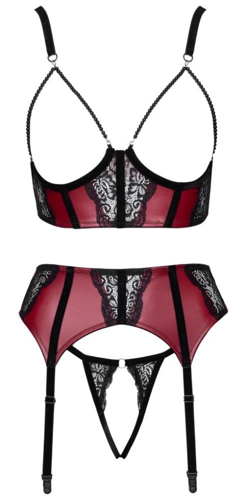 Cottelli LINGERIE komplet 3-częściowy S ciemnoczerwony z czarną koronką