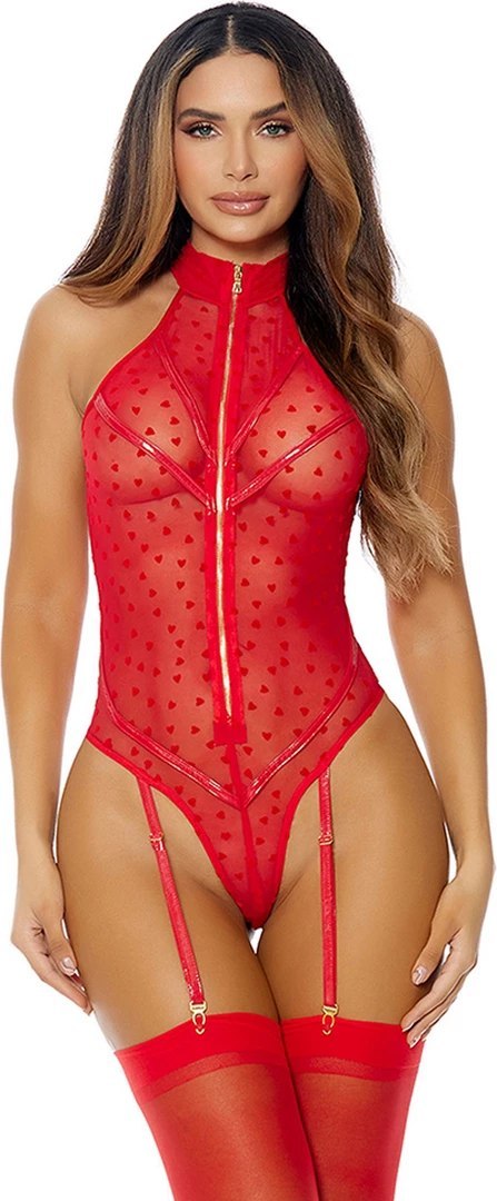 Forplay Eat Your XL siateczkowe body z paskami, serduszka, czarne Forplay Eat Your XL siateczkowe body z paskami, serduszka, czarne