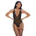 Forplay Sweet Dot L - body z paskami do pończoch i chokerem, czarne