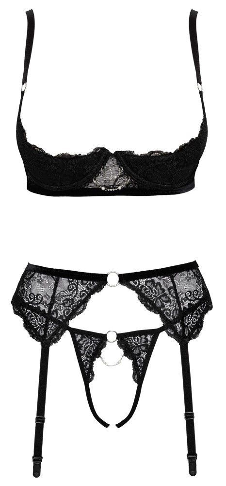 Cottelli Lingerie komplet koronkowy 3-częściowy czarny 85B/L Cottelli Lingerie komplet koronkowy 3-częściowy czarny 85B/L