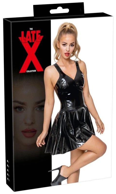 LateX Sukienka Czarna Lateksowa Mini z Falbaną na Ramiączkach S LateX Sukienka Czarna Lateksowa Mini z Falbaną na Ramiączkach S