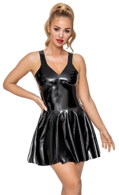 LateX Sukienka Czarna Lateksowa Mini z Falbaną na Ramiączkach S LateX Sukienka Czarna Lateksowa Mini z Falbaną na Ramiączkach S