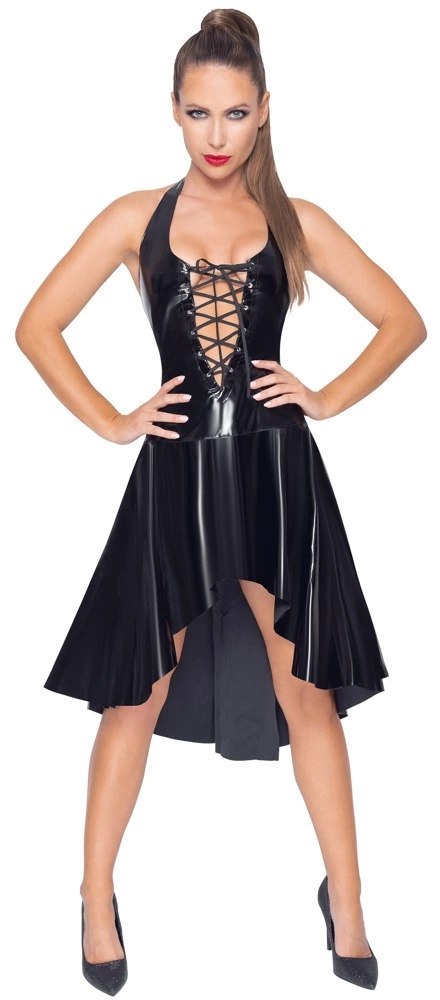 Black Level sukienka winylowa wiązana XL z głębokim dekoltem czarna Black Level sukienka winylowa wiązana XL z głębokim dekoltem czarna
