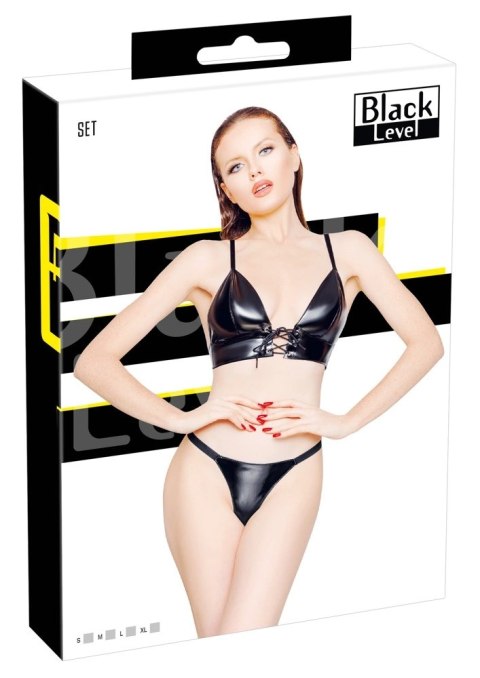 Black Level Komplet Vinylowy Stringi + Wiązany Stanik Czarny L