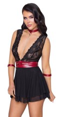 Cottelli Bondage Babydoll L czarna z czerwoną obrożą i mankietami