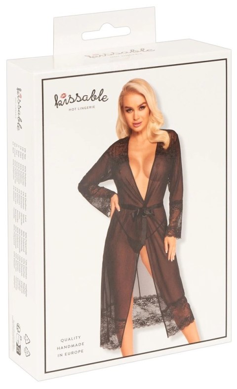 Kissable Długi Szlafrok Czarny L/XL z Koronką i Satynowym Paskiem Kissable Długi Szlafrok Czarny L/XL z Koronką i Satynowym Paskiem