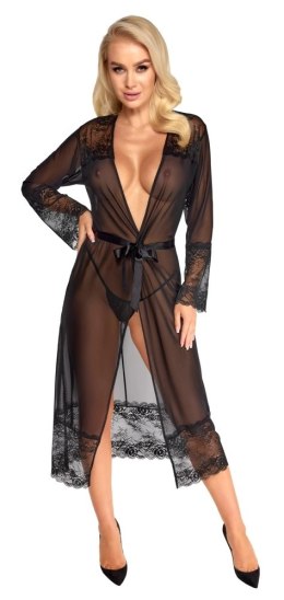 Kissable Długi Szlafrok Koronka Satynowy Pasek Czarny S/M