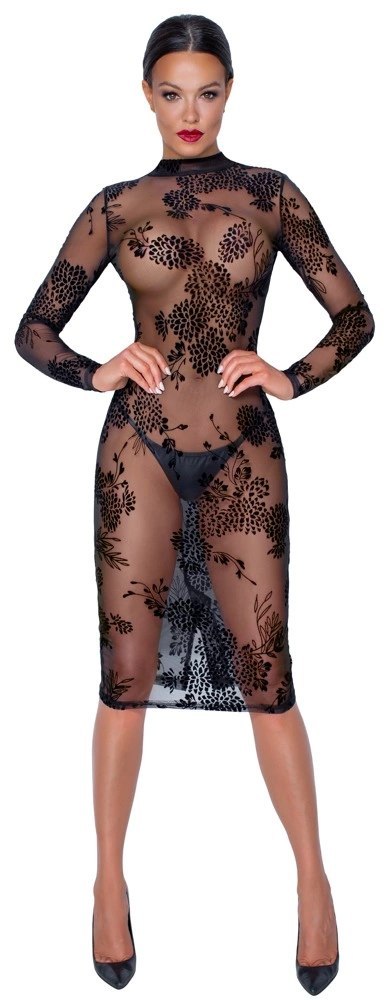 Noir Dress S - Transparentna sukienka z kwiatowym wzorem, czarna Noir Dress S - Transparentna sukienka z kwiatowym wzorem, czarna