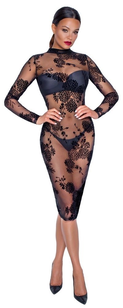 Noir Dress S - Transparentna sukienka z kwiatowym wzorem, czarna Noir Dress S - Transparentna sukienka z kwiatowym wzorem, czarna