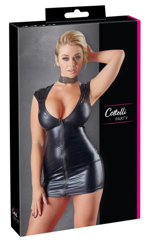 Cottelli PARTY Mini Sukienka Czarna L Wet Look, Głęboki Dekolt