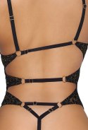 Abierta Fina Body XL czarna koronka z metalicznym akcentem otwarty przod