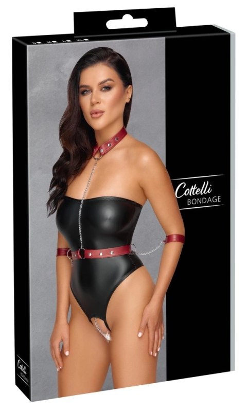 Cottelli Bondage Body XL czarne z czerwoną uprzężą i mankietami