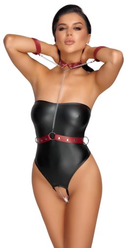 Cottelli Bondage Body czarne z czerwoną uprzężą i mankietami L