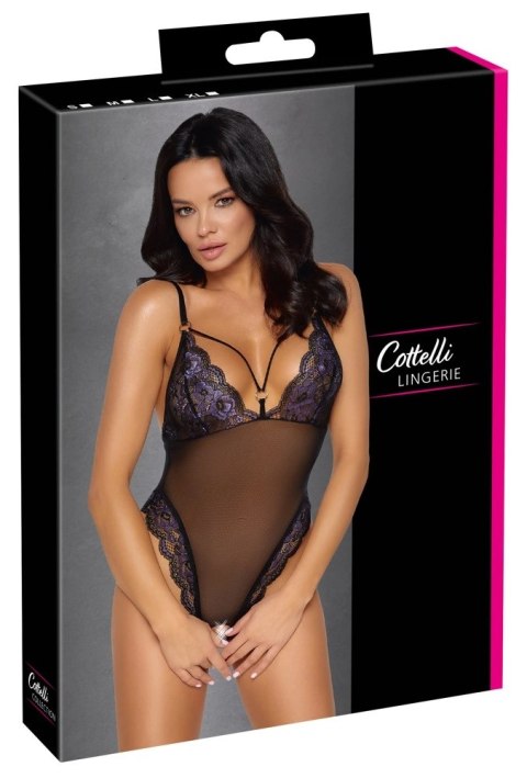 Cottelli Lingerie Body siateczkowe czarne z fioletową koronką S Cottelli Lingerie Body siateczkowe czarne z fioletową koronką S