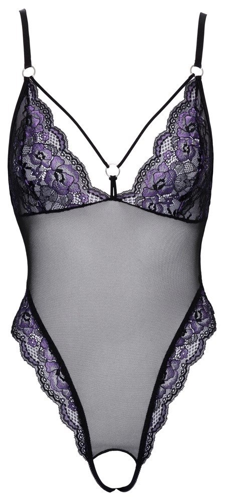 Cottelli Lingerie Body siateczkowe czarne z fioletową koronką S Cottelli Lingerie Body siateczkowe czarne z fioletową koronką S