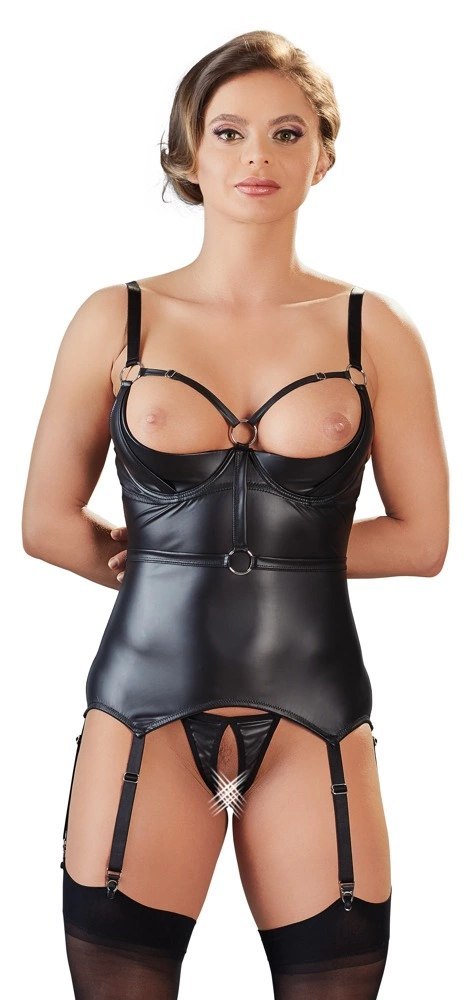 Cottelli Collection Bondage S - Matowa koszulka z fiszbinami + otwarte stringi Cottelli Collection Bondage S - Matowa koszulka z fiszbinami + otwarte stringi