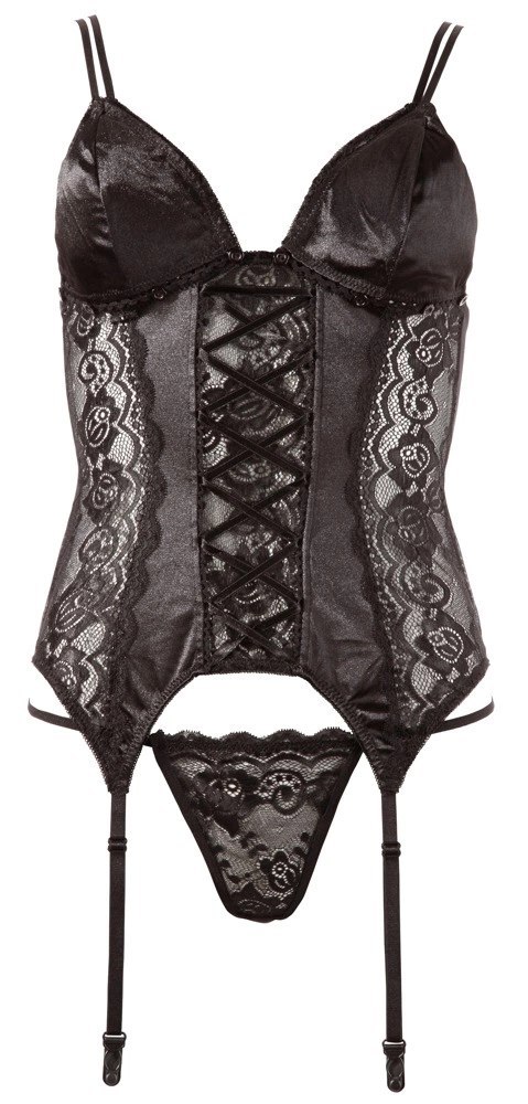 Cottelli Lingerie Koszulka Koronkowa z Paskami + Stringi Czarna M Cottelli Lingerie Koszulka Koronkowa z Paskami + Stringi Czarna M