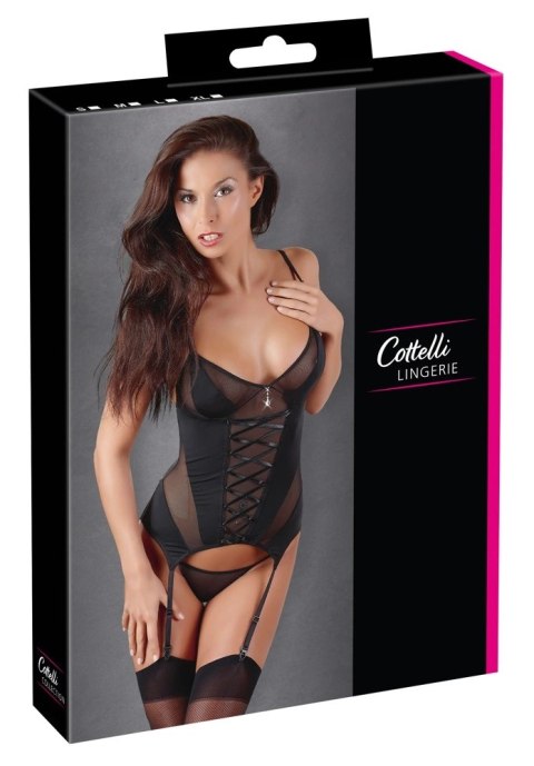 Cottelli Lingerie XL - Czarna koszulka z paskami do pończoch i stringi Cottelli Lingerie XL - Czarna koszulka z paskami do pończoch i stringi