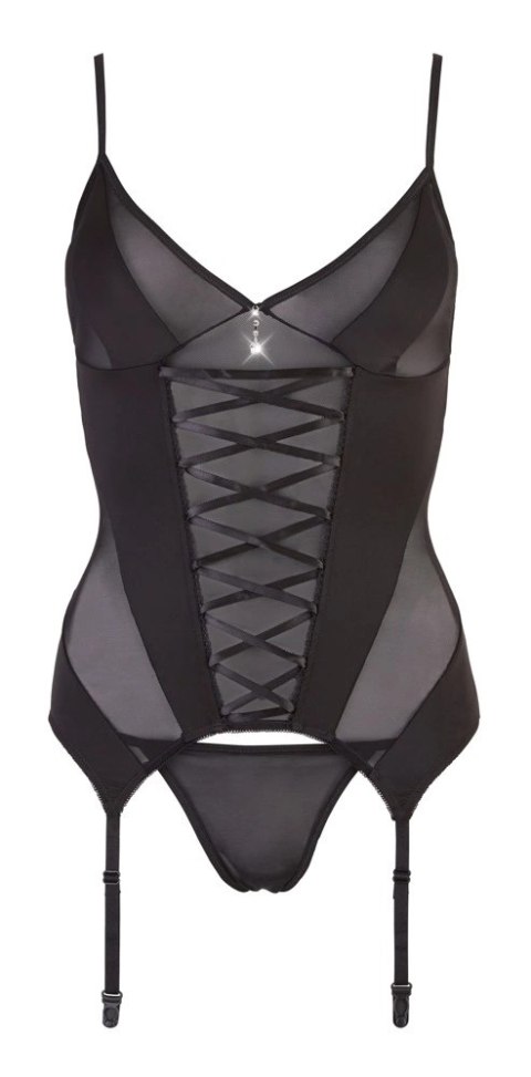Cottelli Lingerie XL - Czarna koszulka z paskami do pończoch i stringi Cottelli Lingerie XL - Czarna koszulka z paskami do pończoch i stringi