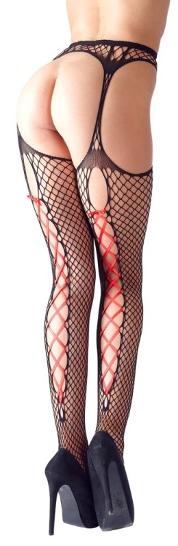 Cottelli Legwear L/XL - Rajstopy siateczkowe z czerwonym wiązaniem