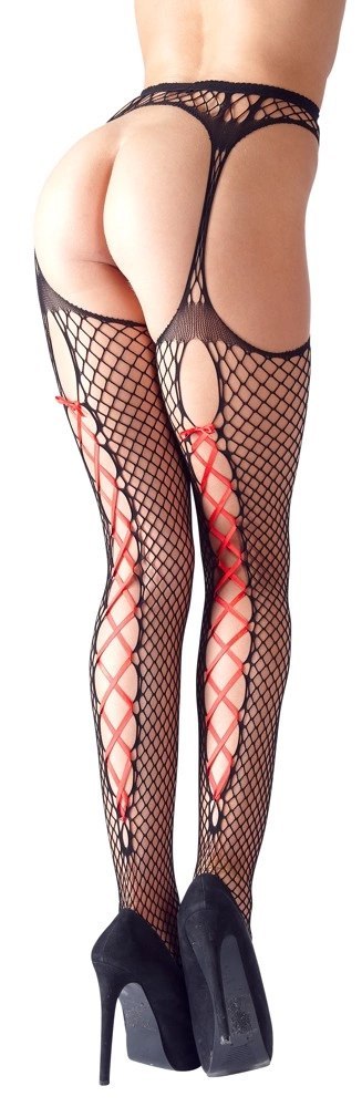 Cottelli Legwear L/XL - Rajstopy siateczkowe z czerwonym wiązaniem Cottelli Legwear L/XL - Rajstopy siateczkowe z czerwonym wiązaniem
