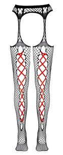 Cottelli Legwear L/XL - Rajstopy siateczkowe z czerwonym wiązaniem