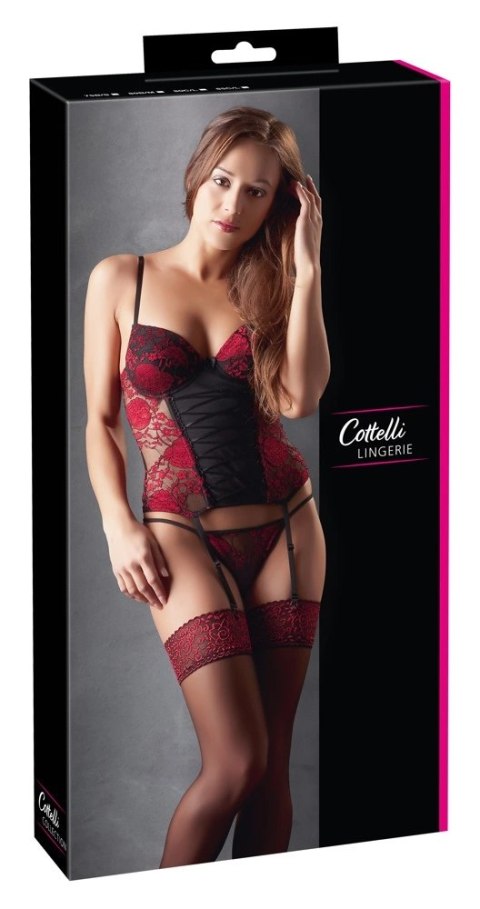 Cottelli Lingerie Gorset Kwiatowy z Stringami 80B/M, koronka, czarny