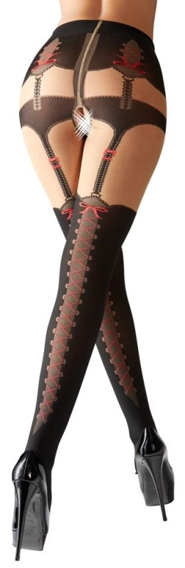 Cottelli Legwear rajstopy z motywem szelek i czerwonych kokardek, otwarty krok