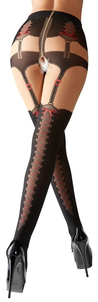 Cottelli Legwear rajstopy z motywem szelek i czerwonych kokardek, otwarty krok Cottelli Legwear rajstopy z motywem szelek i czerwonych kokardek, otwarty krok