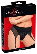 Bad Kitty Stringi z pasem do pończoch M, czarne, mikrofibra, ring 3,5 cm