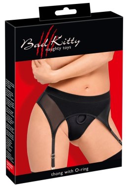 Bad Kitty Stringi z pasem do pończoch M, czarne, mikrofibra, ring 3,5 cm