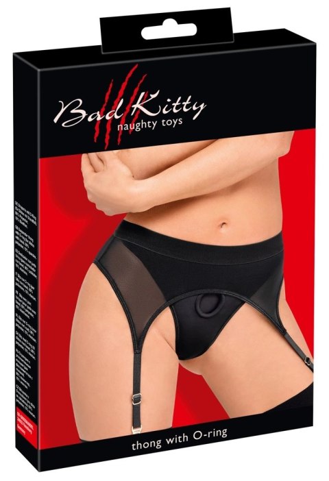 Bad Kitty Stringi z pasem do pończoch M, czarne, mikrofibra, ring 3,5 cm Bad Kitty Stringi z pasem do pończoch M, czarne, mikrofibra, ring 3,5 cm