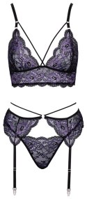 Cottelli LINGERIE Komplet Koronkowy Braletka+Pas+Stringi Czarny-Fioletowy M