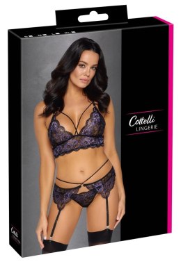 Cottelli LINGERIE komplet koronkowy XL czarno-fioletowy braletka + pas + stringi