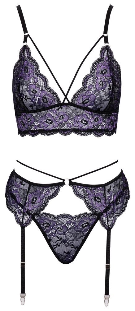 Cottelli LINGERIE komplet koronkowy XL czarno-fioletowy braletka + pas + stringi Cottelli LINGERIE komplet koronkowy XL czarno-fioletowy braletka + pas + stringi