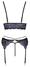 Cottelli LINGERIE komplet koronkowy XL czarno-fioletowy braletka + pas + stringi