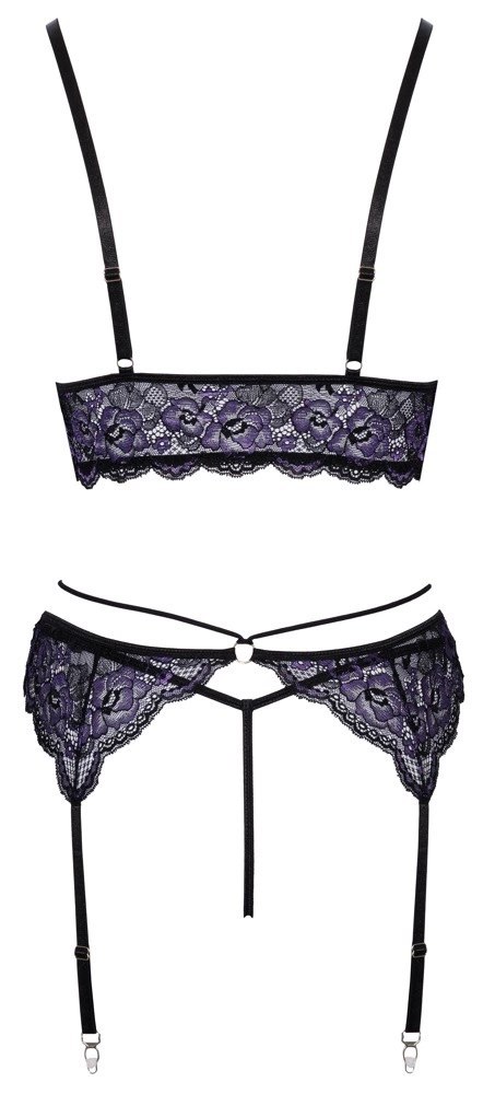 Cottelli Lingerie komplet koronkowy L czarno-fioletowy bralet pas stringi Cottelli Lingerie komplet koronkowy L czarno-fioletowy bralet pas stringi