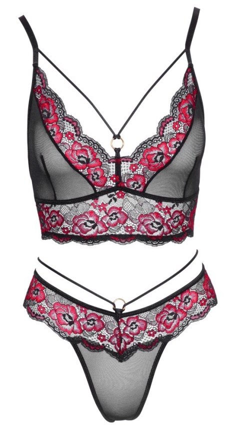 Cottelli LINGERIE komplet koronkowy z siateczką czarno-czerwony S Cottelli LINGERIE komplet koronkowy z siateczką czarno-czerwony S