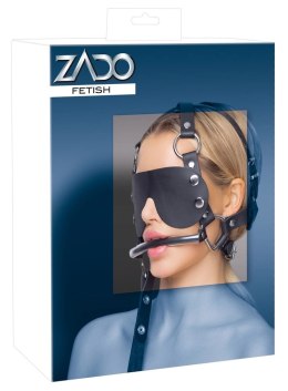 ZADO Skorzana maska na oczy z metalowym kneblem i smyczą czarna