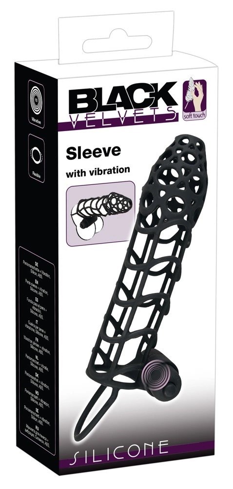 Black Velvets elastyczna nakładka z mini wibratorem, czarna, 14 cm